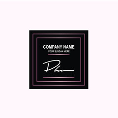 DH Initial signature logo is white, with a dark pink grid gradation line. with a black square background