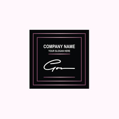 GO Initial signature logo is white, with a dark pink grid gradation line. with a black square background