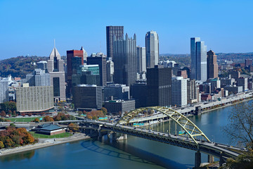 Pittsburgh downtown skyline with Duquesne Bridge viewed from across the Allegheny River