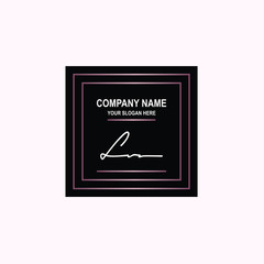 ,  Initial signature logo is white, with a dark pink grid gradation line. with a black square background