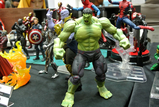 KUALA LUMPUR, MALAYSIA -OCTOBER 6, 2018: Selected focused of Hulk character action figures from Marvel Comic. The action figures come with a variety of hulk characters