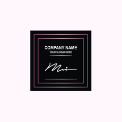 MI Initial signature logo is white, with a dark pink grid gradation line. with a black square background