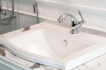 Bathroom interior with sink and faucet, Modern design of bathroom,