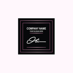 OT Initial signature logo is white, with a dark pink grid gradation line. with a black square background