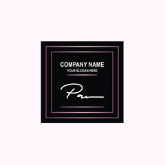 PA Initial signature logo is white, with a dark pink grid gradation line. with a black square background