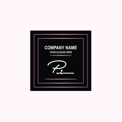 PI Initial signature logo is white, with a dark pink grid gradation line. with a black square background