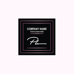 PL Initial signature logo is white, with a dark pink grid gradation line. with a black square background