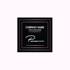 PM Initial signature logo is white, with a dark pink grid gradation line. with a black square background
