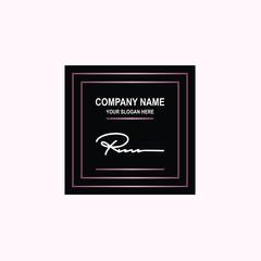 RM Initial signature logo is white, with a dark pink grid gradation line. with a black square background