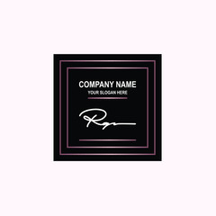 RQ Initial signature logo is white, with a dark pink grid gradation line. with a black square background