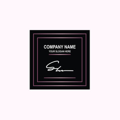 SH Initial signature logo is white, with a dark pink grid gradation line. with a black square background