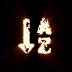 Symbol sort alpha down burned on a black background. Bright shine