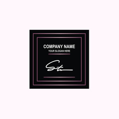 ST Initial signature logo is white, with a dark pink grid gradation line. with a black square background