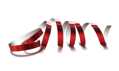 Festive red ribbon on white background. Realistic vector streamers.