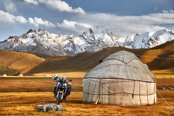 Yurt nomadic houses at mountains