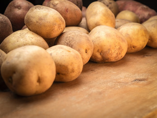 Rustic organic potatoes. Vegetables from farmhouse field is lying in bulk on wooden boards