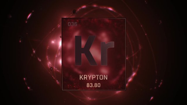 Krypton as Element 36 of the Periodic Table. Seamlessly looping 3D animation on red illuminated atom design background with orbiting electrons. Design shows name, atomic weight and element number