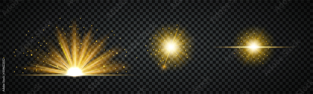 Wall mural three different burst or flash effect bright golden lights isolated on a black background with explo