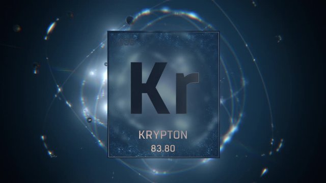 Krypton as Element 36 of the Periodic Table. Seamlessly looping 3D animation on blue illuminated atom design background with orbiting electrons. Design shows name, atomic weight and element number