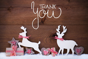 Egnlish Calligraphy Thank You. Wooden Christmas Ornament Like Present, Heart And Wooden Deer. Wooden Background With Snow