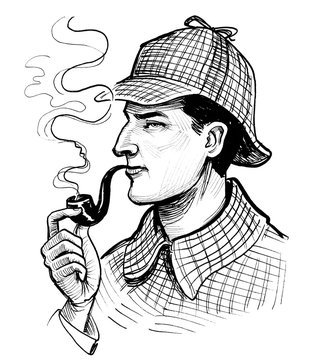 Sherlock Holmes smoking a pipe. Ink black and white drawing