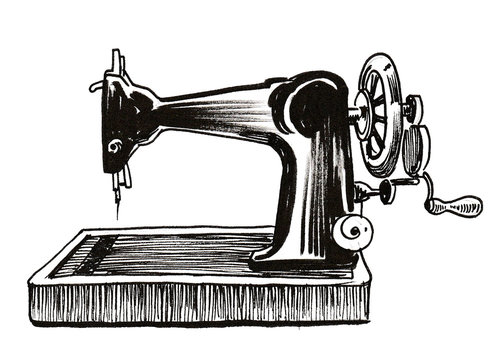 Old sewing machine. Ink black and white drawing