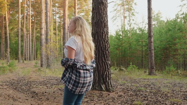 Young girl walking in pine trees in coniferous woodland. Blond woman walking among pine trees in forest woodland on summer vacation