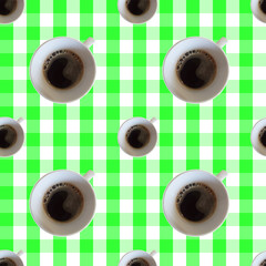 Vector seamless pattern with top veiw cup of coffee on a vichy table cloth