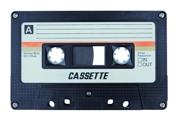 Close up vintage and old audio cassette tape isolated on a white background