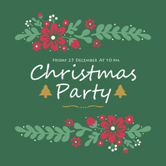 Card template christmas party, with ornate wallpaper green leafy flower frame. Vector