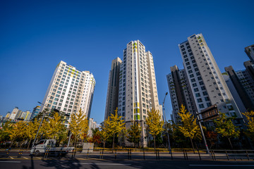 Fototapeta na wymiar DAEGU, SOUTH KOREA - NOVEMBER 04, 2019: Many high-rise apartments in Daegu, The most people in city living here, Appartments blocks in Daegu