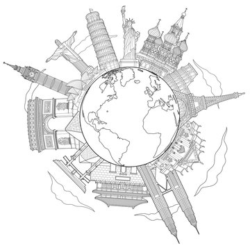 Around the world travel famous landmark doodle art drawing sketch style vector illustrations..