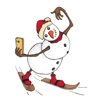 Funny Snowman skiing. Cute winter holiday. The character with a smartphone takes a selfie. Hand drawn doodle illustration isolated on white background. Merry Christmas and happy new year