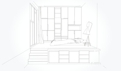 Linear sketch of an interior. Living room plan. Sketch Line sofa set. Vector illustration.outline sketch drawing perspective of a interior space.