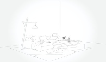 Linear sketch of an interior. Living room plan. Sketch Line sofa set. Vector illustration.outline sketch drawing perspective of a interior space.