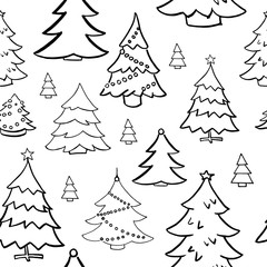 Christmas tree doodle pattern. Hand drawn fir trees on transparent backdrop. Seamless vector background. Winter elements for design. Winter theme. Christmas and New Year.