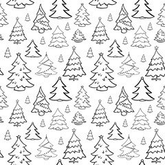 Obraz premium Christmas tree doodle pattern. Hand drawn fir trees on transparent backdrop. Seamless vector background. Winter elements for design. Winter theme. Christmas and New Year.