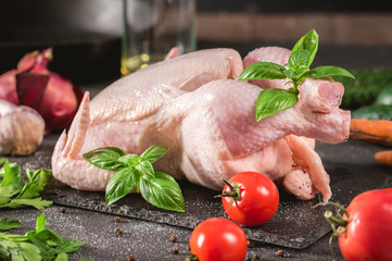 Whole raw chicken on a rustic background