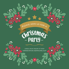 Poster template of christmas party, with green leaves frame and red flower, isolated on dark green background. Vector