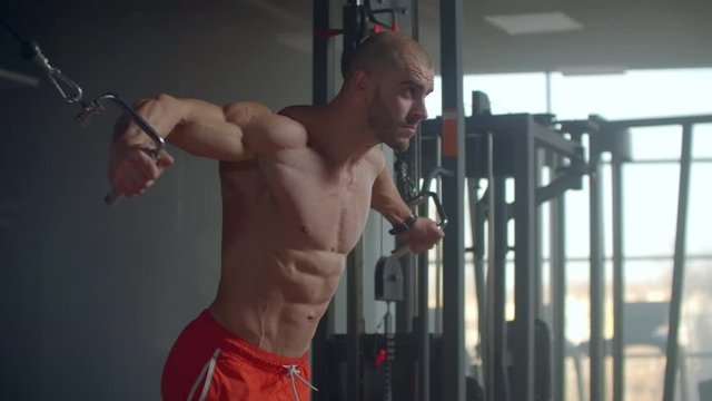 Brutal handsome Caucasian bodybuilder working out training in the gym gaining weight pumping up muscles and poses fitness and bodybuilding concept