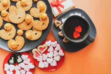 Breakfast for the beloved. Heart shaped cookies and sweets.