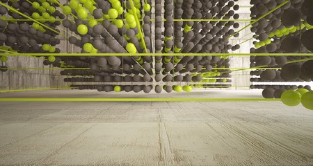 Abstract architectural concrete  interior  from an array of green spheres with large windows. 3D illustration and rendering