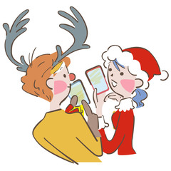スマホを操作するサンタクロースとトナカイの男女　イラスト