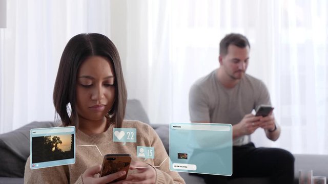 Couple sitting separately in the living room and browsing through their social media accounts on their smartphones with digital overlays