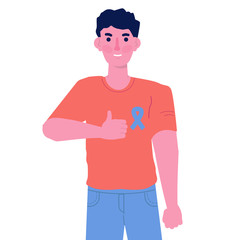 Blue ribbon on character man chest to support prostate cancer cause. Vector illustration.