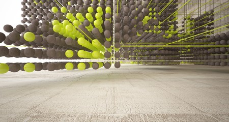 Abstract architectural concrete  interior  from an array of green spheres with large windows. 3D illustration and rendering