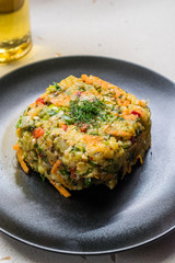 Potato Mash Puree Salad with Dill, Carrot, Vegetables and Olive Oil.