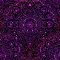 Seamless pattern, laced pattern with gradient pink and violet mandala on black background. Gypsy, ethnic boho design, Indian or Arabic motifs, arabesque.