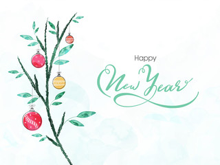 Drawing of tree decorated with baubles and watercolor effect on white background for Happy New Year celebration.