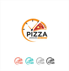 Pizza Time Logo Design Vector Stock  . Pizza delivery logo Illustration . pizza 24 hours Logo . Pizza fast food sign icon
